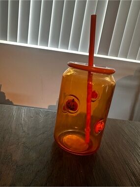 Orange Halloween Pumpkin Glass tumbler with Straw